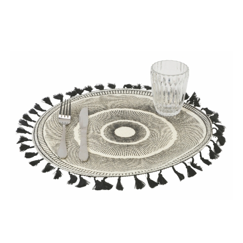 Set van 6 decoratieve tafelplacemats met geometrisch design, 38 cm, zwart met franjes Aanbieding