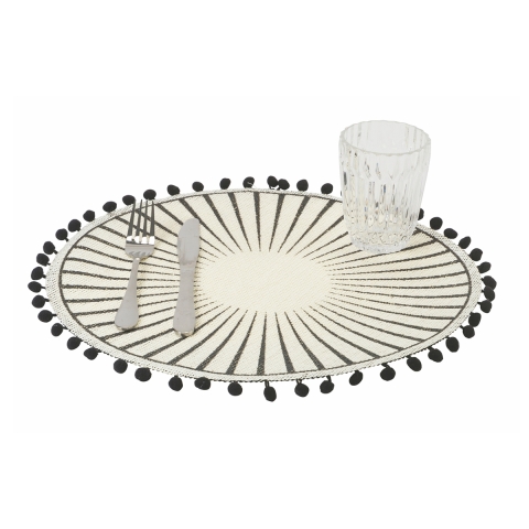 Set van 6 ronde tafelplacemats met geometrisch ontwerp en pompons 38cm Zwart Aanbieding