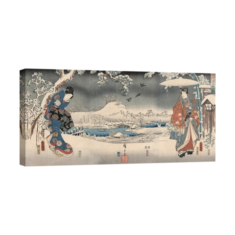 Canvasafdruk Besneeuwd Landschap met een Vrouw en een Man Ando Hiroshige Aanbieding