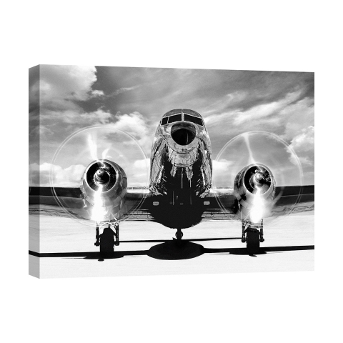 Wanddecoratie canvas zwart-wit vintage vliegtuig Airplane taking off Aanbieding
