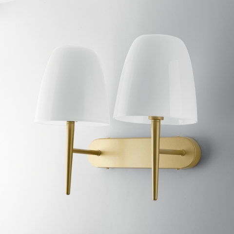 Dubbele wandlamp voor binnen, goudkleurig metaal en wit glas Ares AP2 Aanbieding