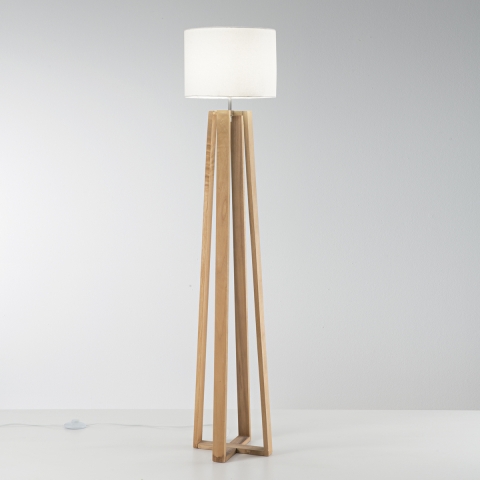 Vloerlamp van natuurlijk hout met witte stoffen kap Berry PT Aanbieding
