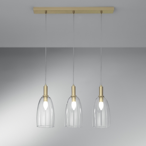Gouden hanglamp met drie glazen kappen Brandy 3LS Aanbieding