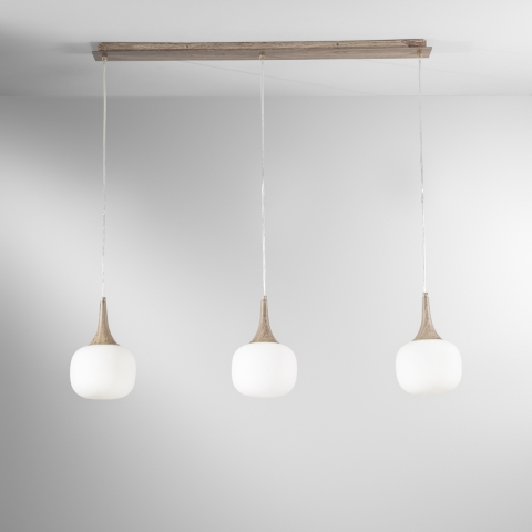 Hanglamp effect hout 3 lampen wit opaalglas Jaipur Aanbieding