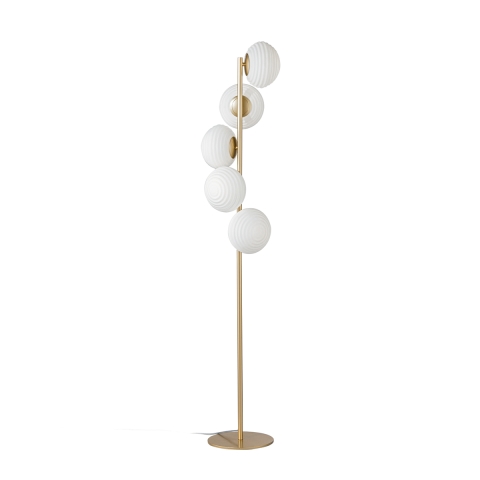 Staande lamp in goudkleurig metaal met 5 lampen in geblazen wit glas Ripple Aanbieding