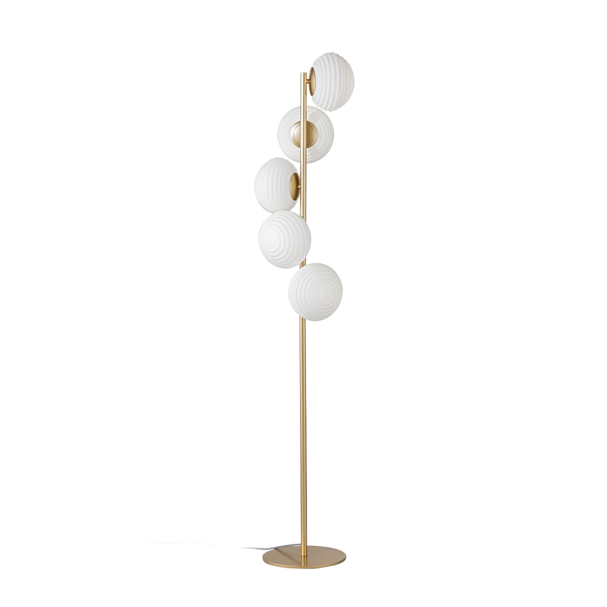 Staande lamp in goudkleurig metaal met 5 lampen in geblazen wit glas Ripple Aanbieding Staande lamp in goudkleurig metaal met 5 lampen in geblazen wit glas Ripple Aanbieding