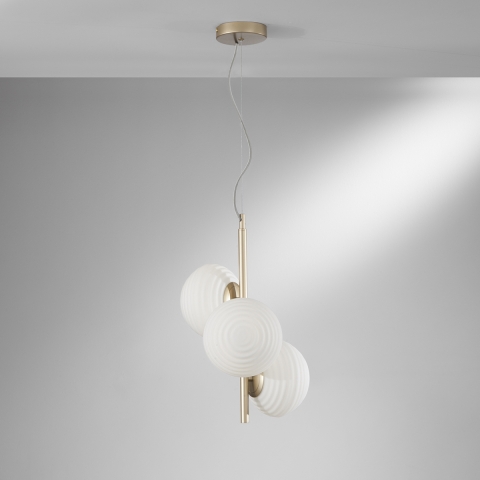 Gouden metalen kroonluchter met 3 witte glazen lampen voor de woonkamer Ripple Aanbieding