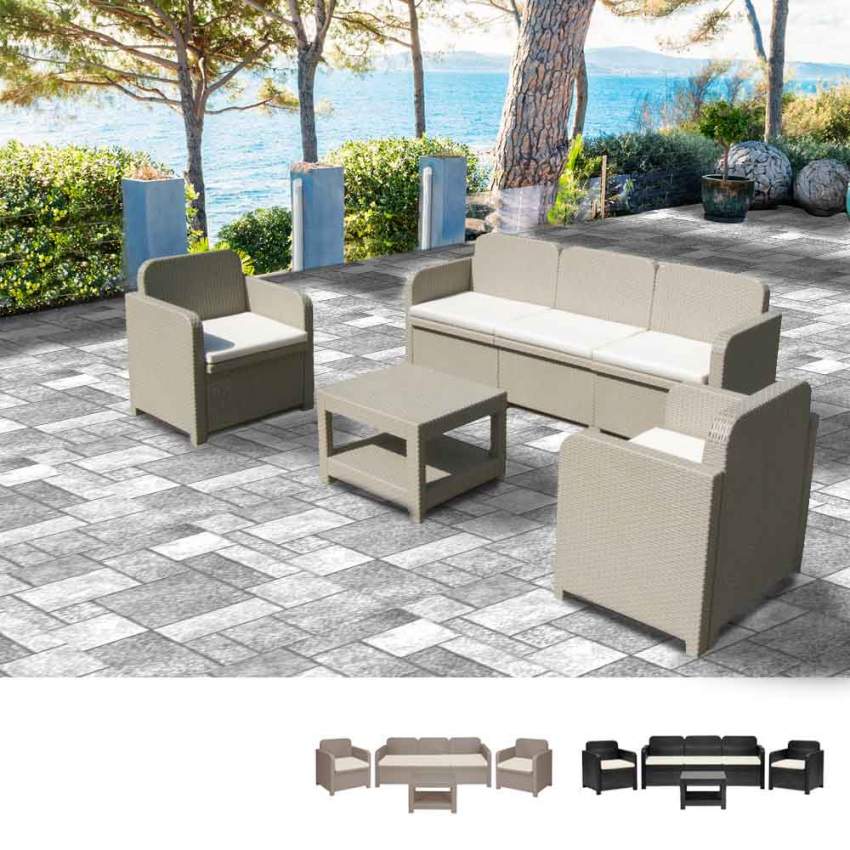 Grand Soleil Positano rotan tuin loungebank salontafel fauteuils 5 zitplaatsen voor buitengebruik