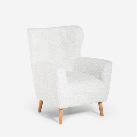 Moderne bergère fauteuil in witte bouclé stof Kamo Aanbieding
