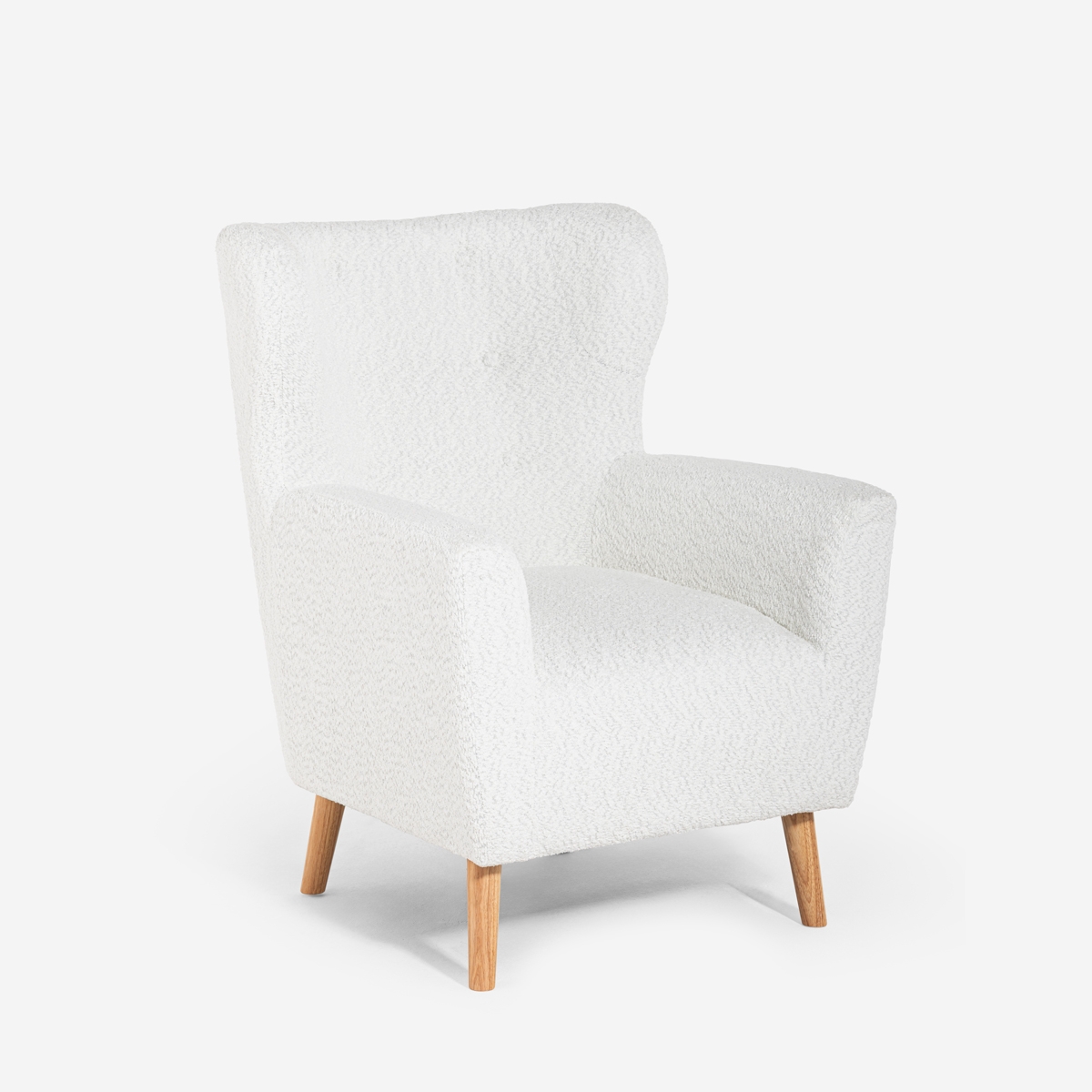 Moderne bergère fauteuil in witte bouclé stof Kamo Aanbieding Moderne bergère fauteuil in witte bouclé stof Kamo Aanbieding