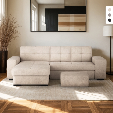 Driezits slaapbank met linker opbergchaise longue en poef Saro Aanbieding