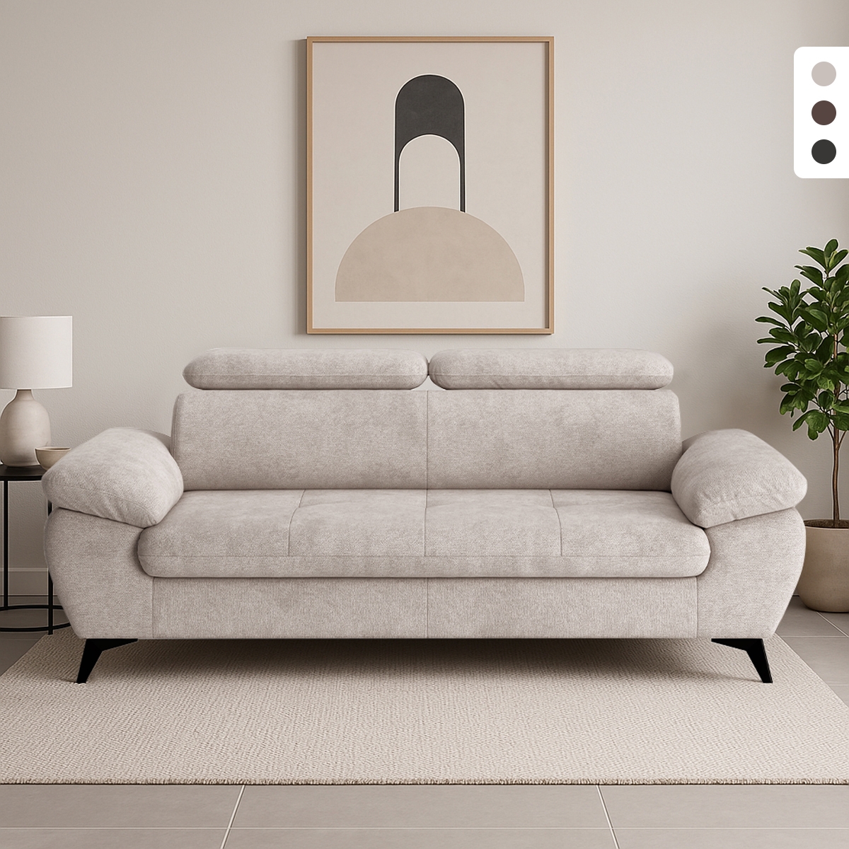 Moderne 3-zits designbank met verstelbare hoofdsteun Kira Aanbieding Moderne 3-zits designbank met verstelbare hoofdsteun Kira Aanbieding