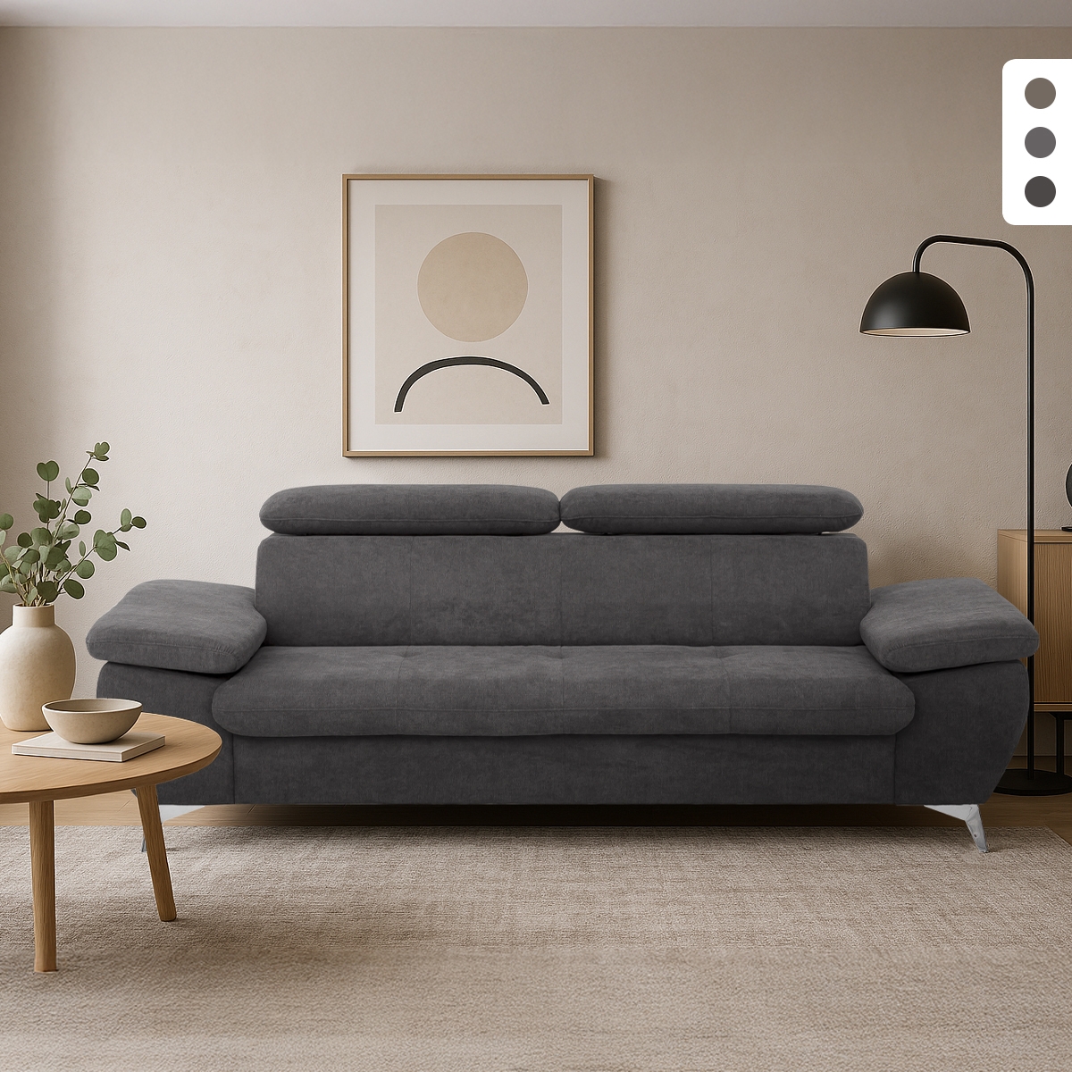 Moderne 3-zits bank in stof met verstelbare rugleuning en armleuningen Zana Aanbieding Moderne 3-zits bank in stof met verstelbare rugleuning en armleuningen Zana Aanbieding