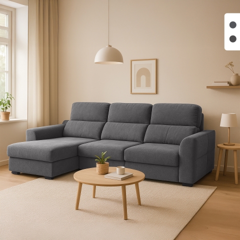 Uitschuifbare hoekbank met relaxfunctie en linkse opbergruimte, 3-zits chenille Sira Aanbieding