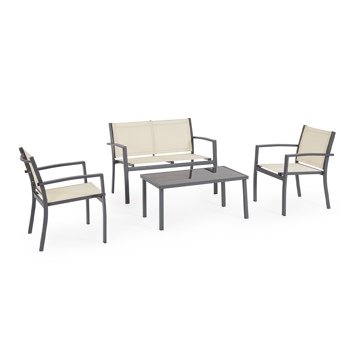 Tuinset 2 stoelen bankje bijzettafel beige Bizzotto Florida