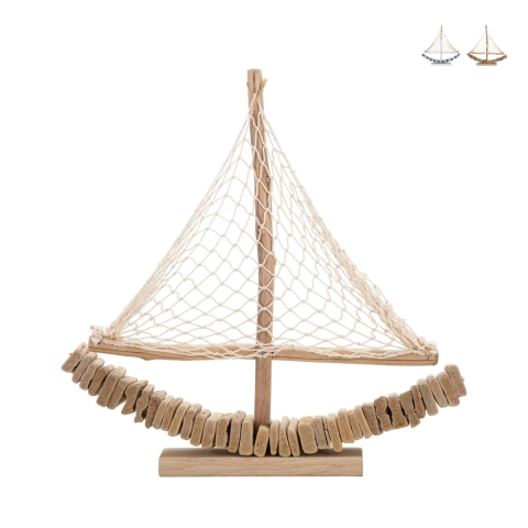 Houten zeilboot sculptuur met stoffen net 45x45x7cm Enok Aanbieding