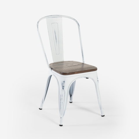 Industriële wit metalen stoelen met houten zitting Steel Old Wood Aanbieding