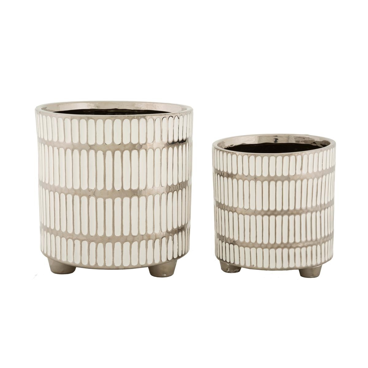 Set van 2 witte keramische vazen met zilverdecoratie Ray Aanbieding Set van 2 witte keramische vazen met zilverdecoratie Ray Aanbieding