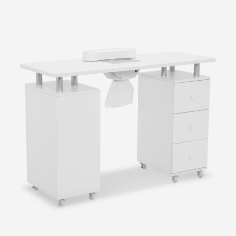 Witte manicuretafel op wielen met afzuiging en 3 lades Mango Aanbieding