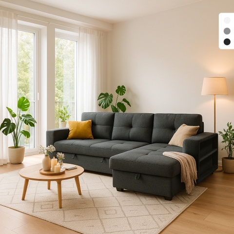 Slaapbank voor 3 personen met opberg-chaise longue USB-C boekenkast Civis. Aanbieding