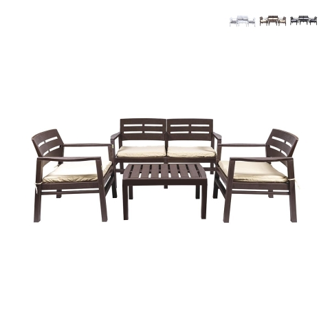 Tuinset voor buiten - 2-zitsbank, 2 fauteuils en salontafel met houtlook Fij Aanbieding