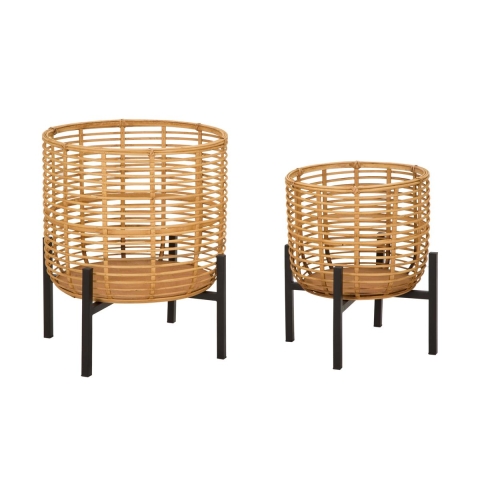 Set van 2 ronde rattan plantenbakken met zwart metalen standaard Zeyok Aanbieding