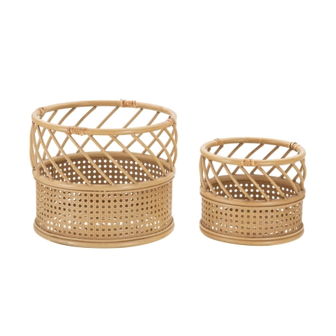 Set van 2 ronde plantenbakken van metaal en rattan Panama Aanbieding