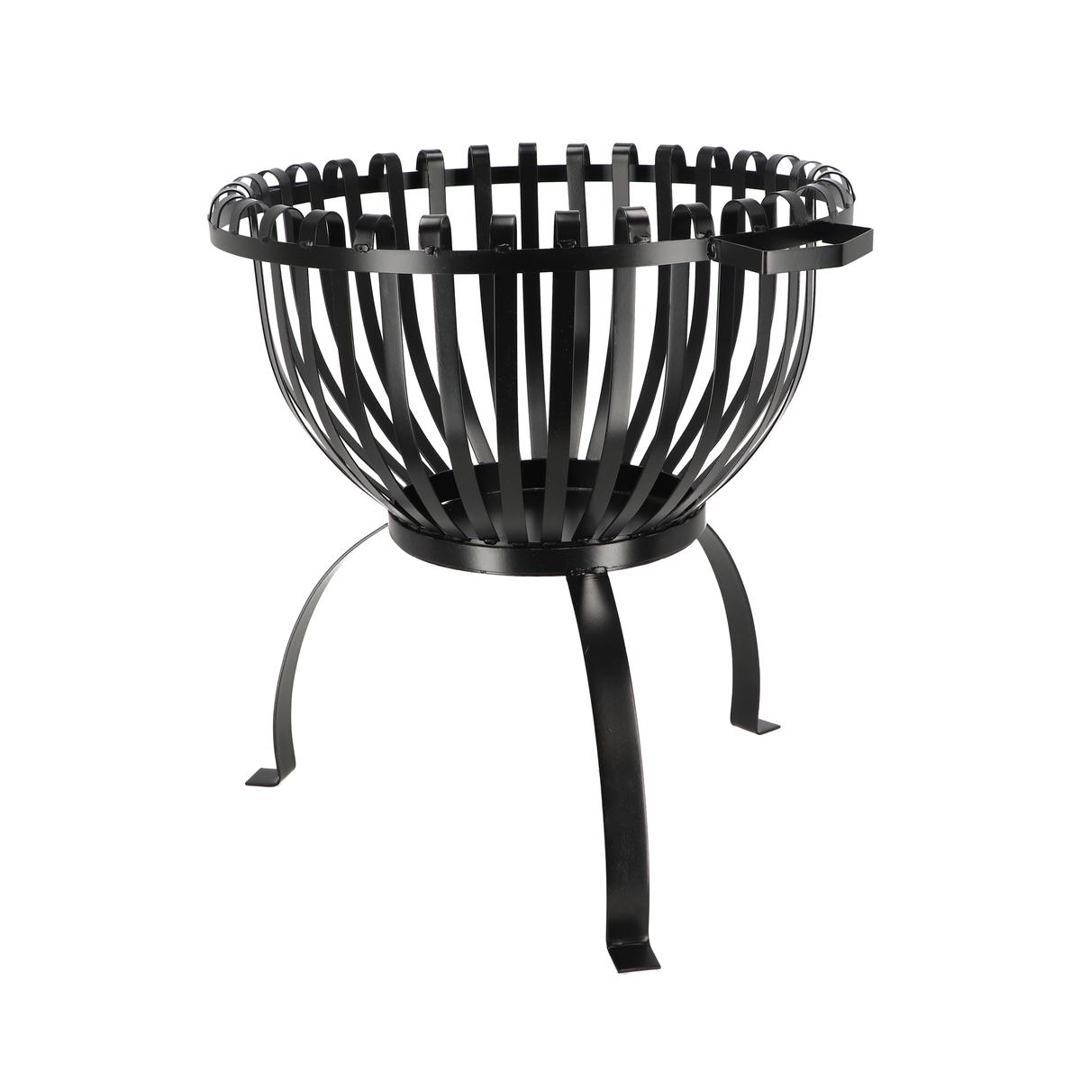 Verhoogde metalen vuurschaal voor de tuin, zwart, met handgrepen.