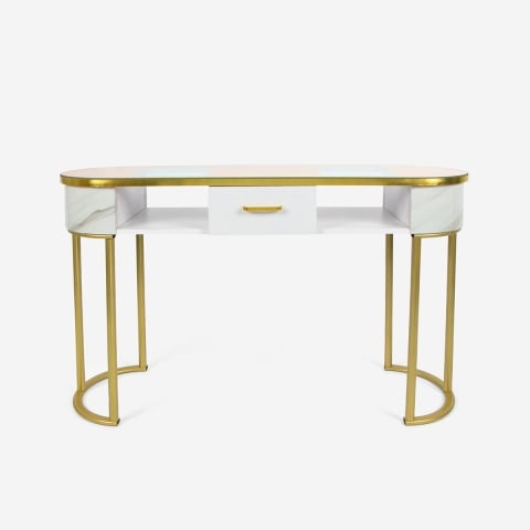 Tafel voor schoonheidsspecialisten van glas, goudkleurig metaal en marmereffect Jess Aanbieding