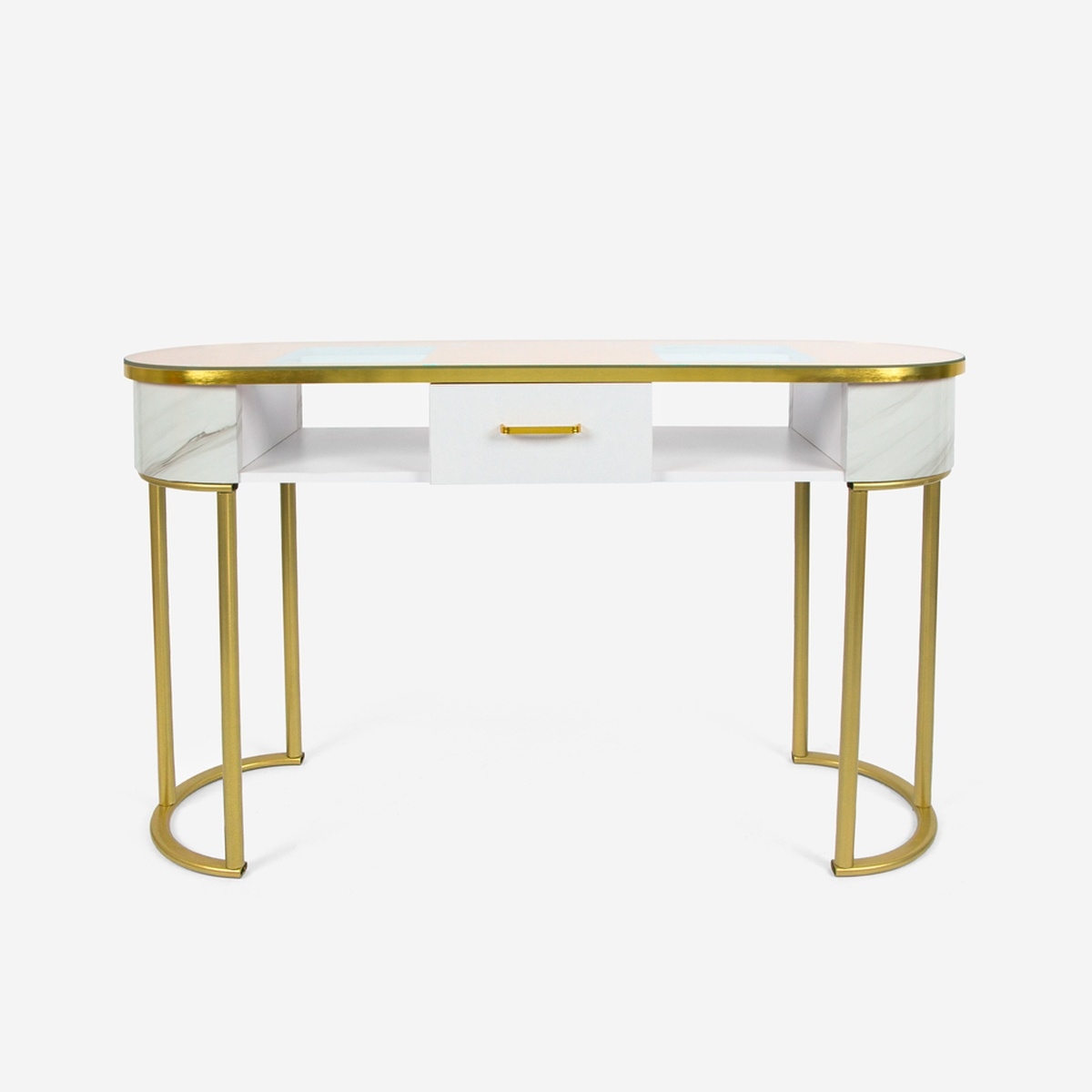 Tafel voor schoonheidsspecialisten van glas, goudkleurig metaal en marmereffect Jess Aanbieding Tafel voor schoonheidsspecialisten van glas, goudkleurig metaal en marmereffect Jess Aanbieding