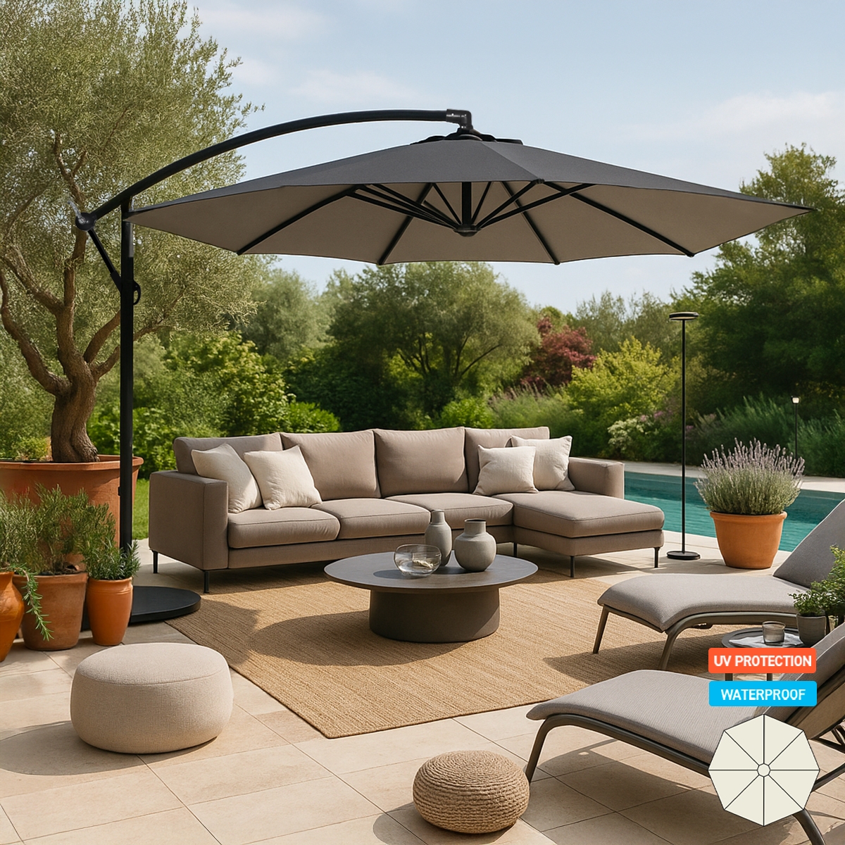 Achthoekige aluminium zweefparasol 3 meter Fan Noir Aanbieding