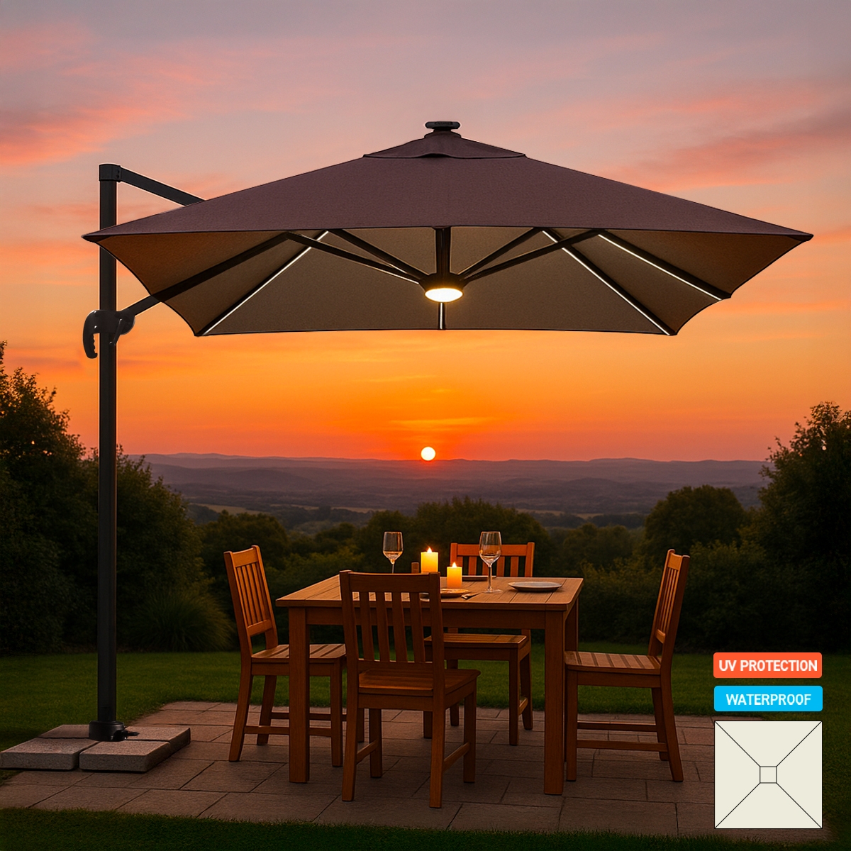 Parasol Paradise Brown Light met ledverlichting, 3x3m Aanbieding