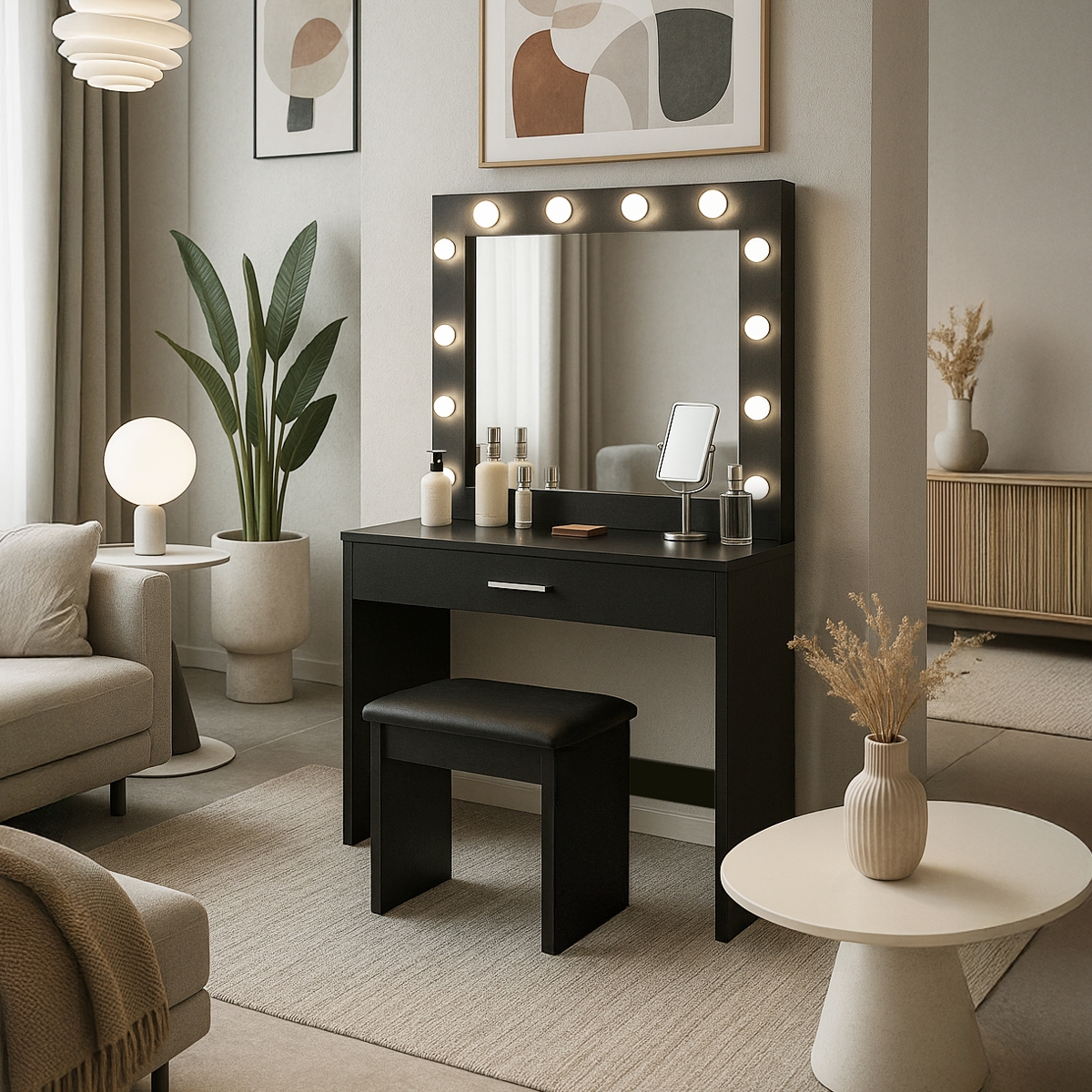 Zwarte make-up tafel met LED-lampen, spiegel en krukje Gaia Black Aanbieding