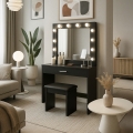 Zwarte make-up tafel met LED-lampen, spiegel en krukje Gaia Black Aanbieding