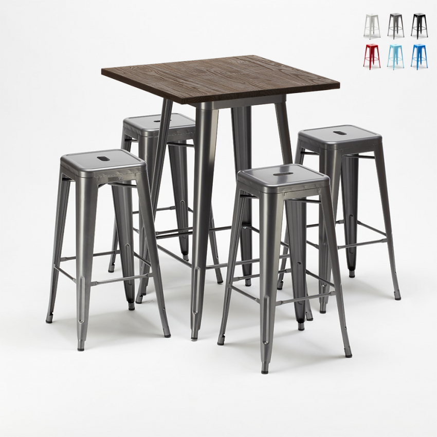 Set hoge tafel met 4 metalen krukken in industriële stijl Williamsburg   Aanbieding