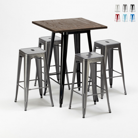 hoge tafel set met 4 industrieel metalen krukken in-stijl little italy Aanbieding