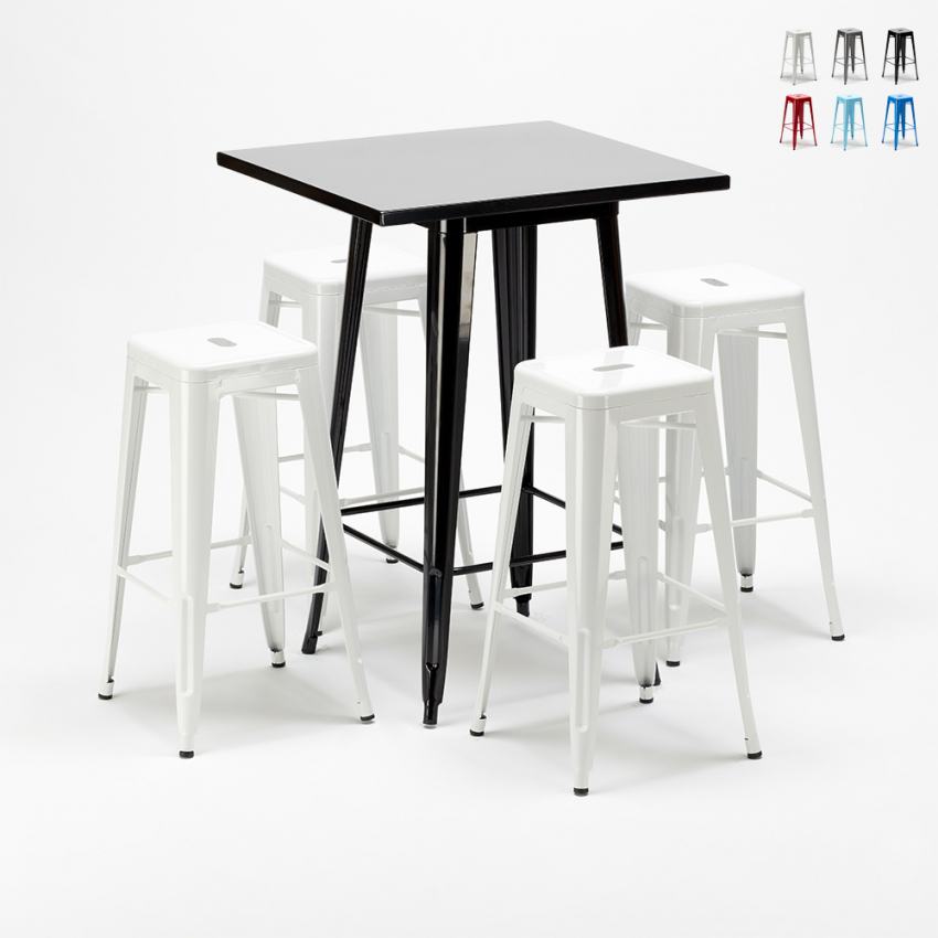 Set hoge tafel met 4 metalen krukken in industriële stijl New York Karakteristieken Set hoge tafel met 4 metalen krukken in industriële stijl New York Karakteristieken