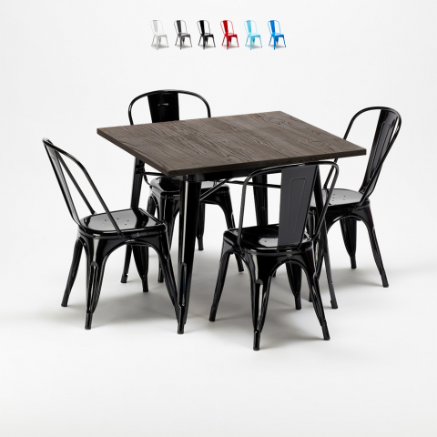 Set met vierkante tafel en 4 metalen stoelen in industriële stijl West Village Aanbieding