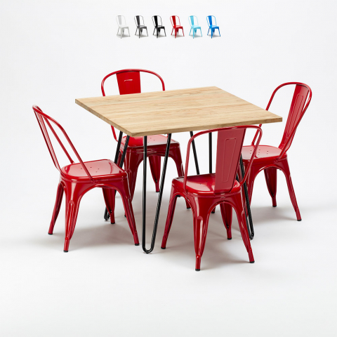 vierkante tafel en stoelen set van industrieel metaal en hout Lix-stijl tribeca Aanbieding