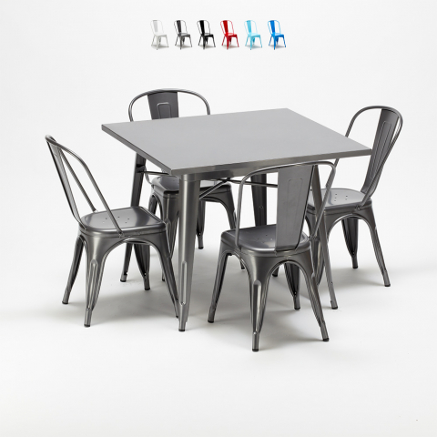 Set met vierkante tafel en 4 metalen stoelen in industriële stijl Flushing Aanbieding