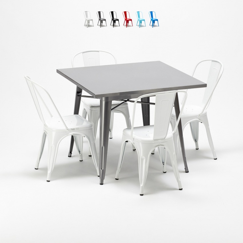 Set met vierkante tafel en 4 metalen stoelen in industriële stijl Flushing Voorraad Set met vierkante tafel en 4 metalen stoelen in industriële stijl Flushing Voorraad