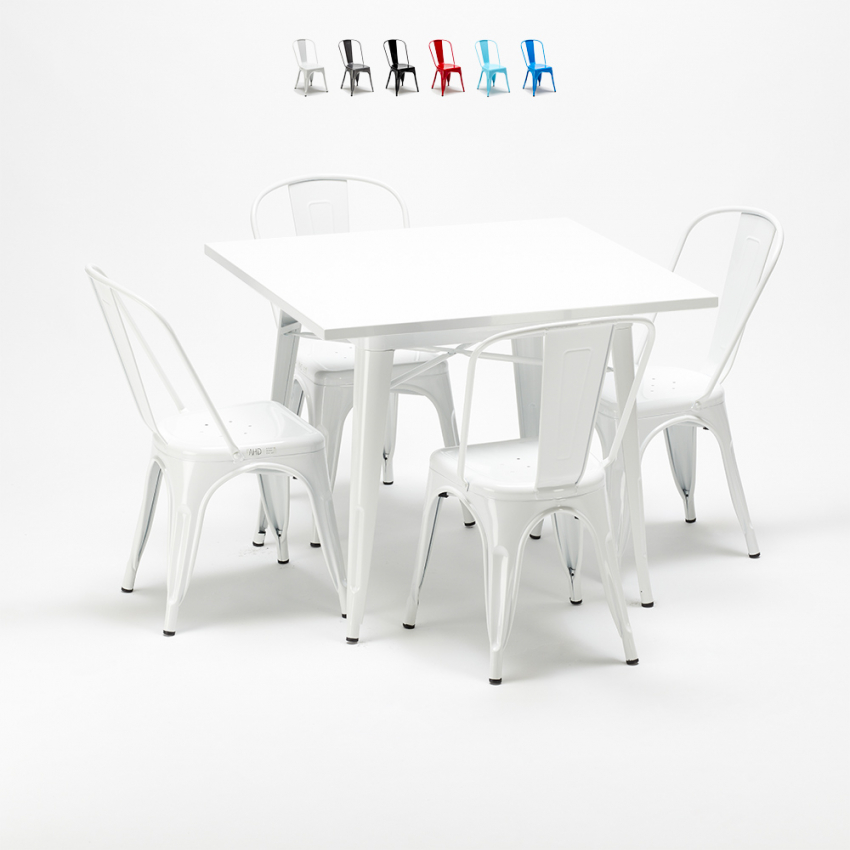Set met vierkante tafel en 4 metalen stoelen in industriële stijl Harlem Korting Set met vierkante tafel en 4 metalen stoelen in industriële stijl Harlem Korting