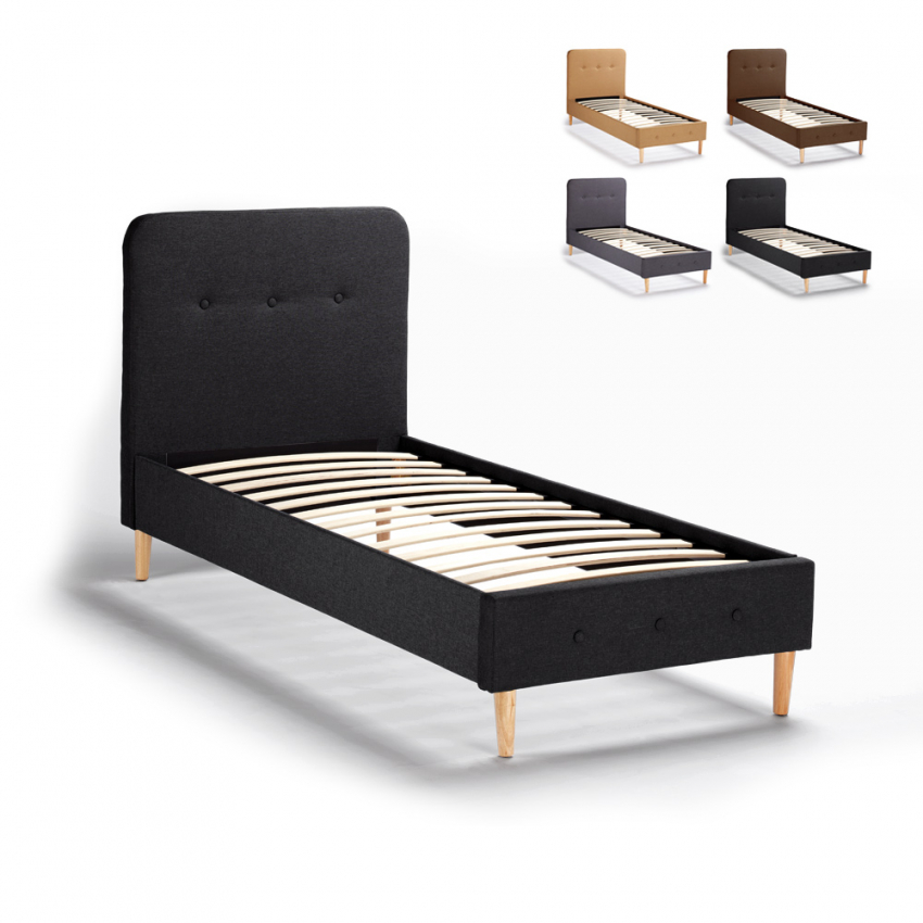 Scandinavisch eenpersoons bed van stof en hout 80x190 cm Friborg Twin Scandinavisch eenpersoons bed van stof en hout 80x190 cm Friborg Twin