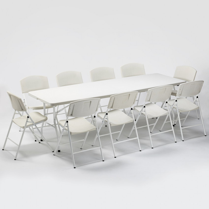 Set rechthoekige tafel 240x76 cm en 10 klapstoelen voor camping en tuin Rushmore Aanbieding Set rechthoekige tafel 240x76 cm en 10 klapstoelen voor camping en tuin Rushmore Aanbieding