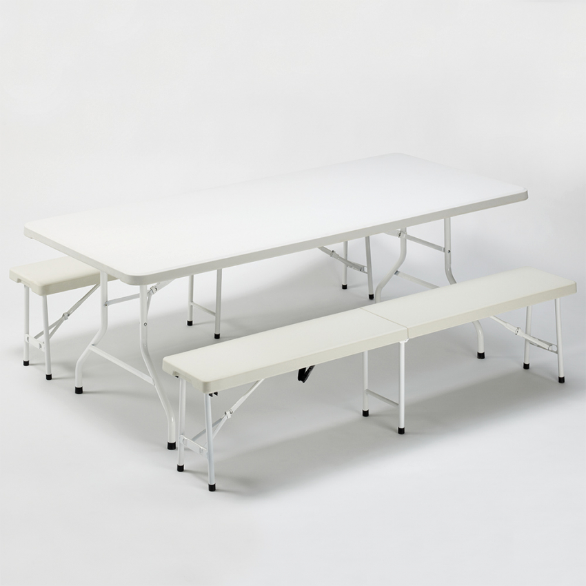 Set rechthoekige tafel 200x90 cm en 2 banken voor camping of tuinfeest Sanford Aanbieding Set rechthoekige tafel 200x90 cm en 2 banken voor camping of tuinfeest Sanford Aanbieding