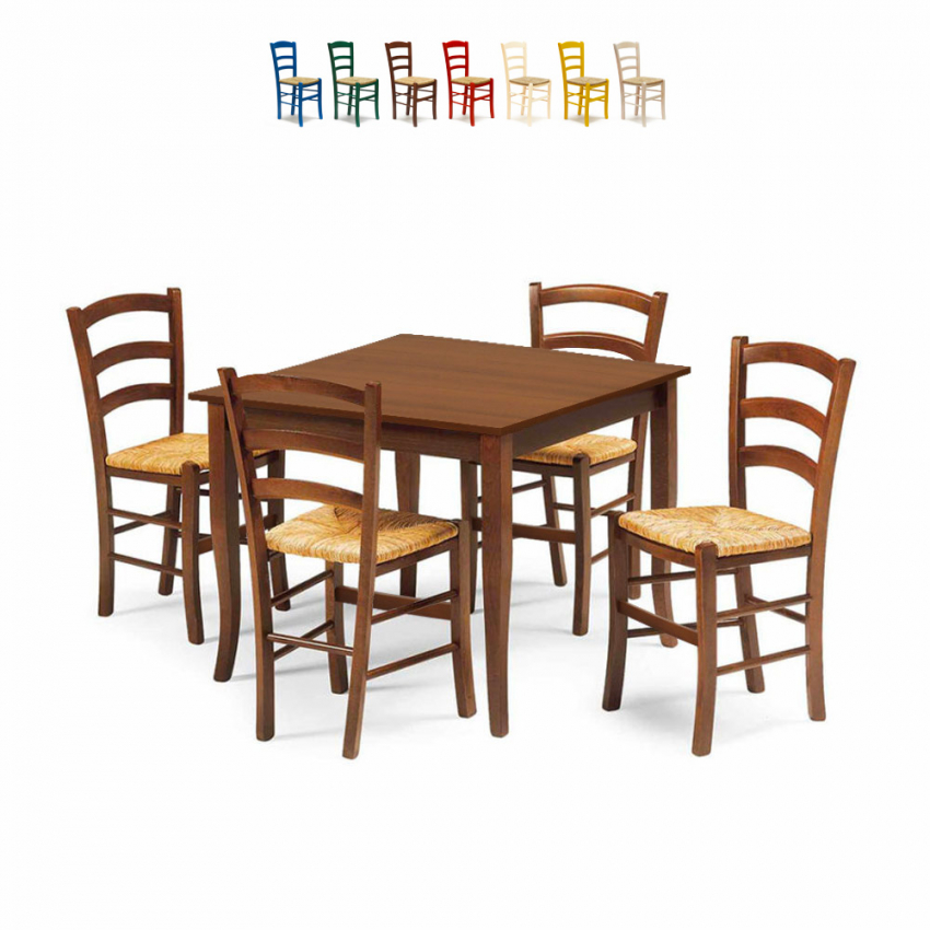 Set 4 stoelen en vierkante tafel 80x80 cm hout Rusty Korting Set 4 stoelen en vierkante tafel 80x80 cm hout Rusty Korting