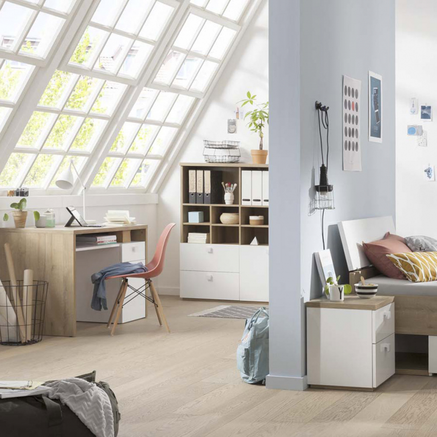 Moderne houten en wit gelakte boekenkast met open vakken en schuiflades Aurora Aanbieding Moderne houten en wit gelakte boekenkast met open vakken en schuiflades Aurora Aanbieding