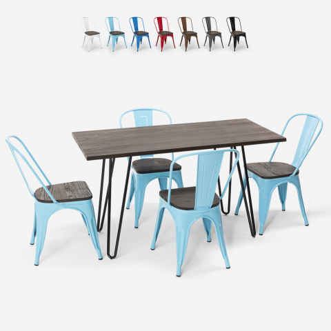 Rechthoekige tafel 120x60 met 4 stoelen van staal en hout design Tolix industrial ROGER Aanbieding