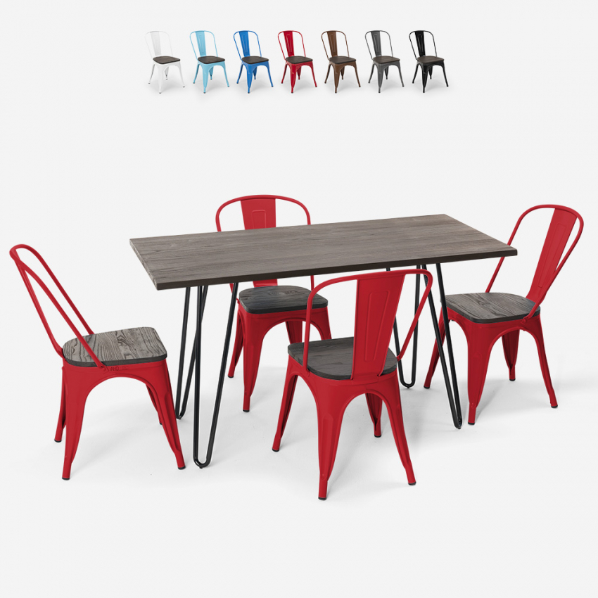 Rechthoekige tafel 120x60 cm met 4 industriële designstoelen van staal en hout Roger Catalogus