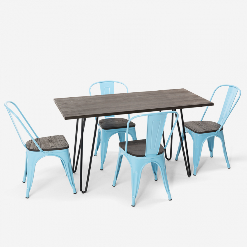 Rechthoekige tafel met 4 stalen stoelen hout en industrieel design Tolix